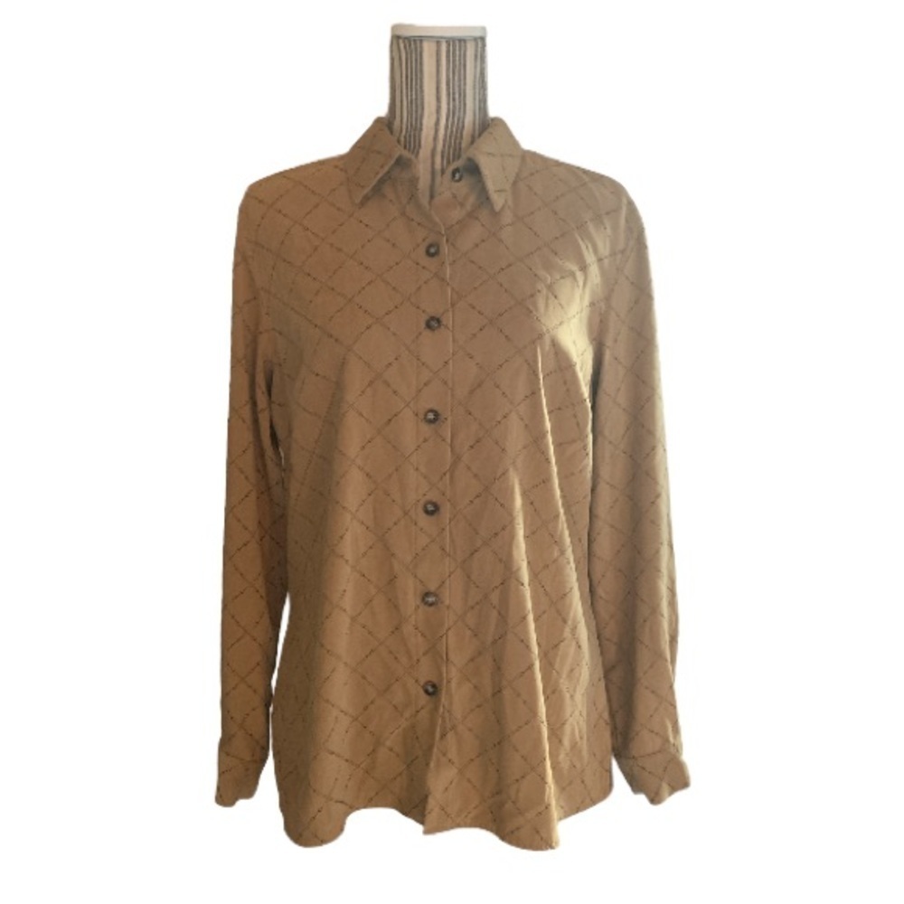 Talbots Vintage Stretch Tan Equestrian Pattern Button Up Top, Sz M